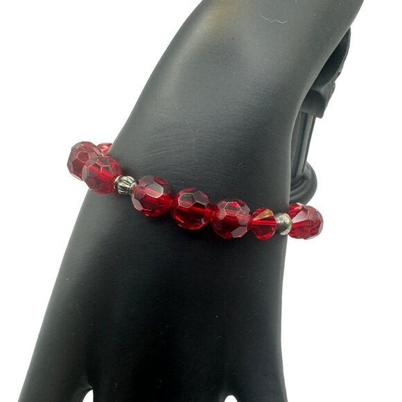 Red Crystal Bead Stretch Bracelet With Silver-Tone Accents - Picture 2 of 5